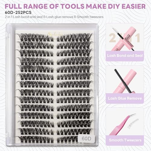 60D Natural Lash Clusters Lash Extensions Kit 252 Pcs Fluffy Eyelash Clusters DIY Individual Lashes Extensions D Curl Left & Right Eyelash Cluster with Bond and Seal and Tweezers