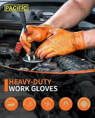 PACIFIC PPE Strength Nitrile Industrial Orange Gloves, 8 Mil, Diamond Texture Disposable Heavy-Duty, Powder Free, Medium, 100 Count