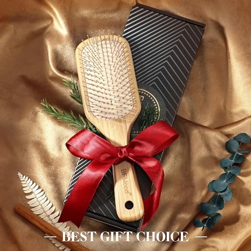 BFWood Bamboo Hair Brush with Steel Bristles, Help Hair Growth and Massaging Scalp
