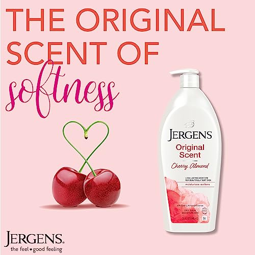 Jergens Original Scent Dry Skin Lotion, Body and Hand Moisturizer for Long Lasting Skin Hydration, with HYDRALUCENCE blend and Cherry Almond Essence, 32 Ounce (Pack of 2)