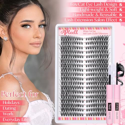 Lash Clusters Kit 50D 320 Pcs Individual Lashes Clusters Kit With Lash Bond and Seal and Eyelashes Tweezers 7-16 MM Cat Eye Wispy Eyelash Clusters D Curl Cluster Eyelash Extensions Kit