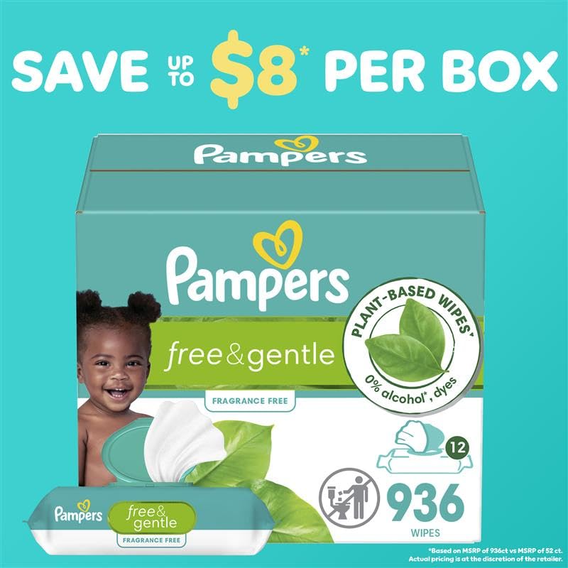 Pampers Baby Wipes, Free & Gentle, Hypoallergenic and Unscented Wipe, 100% Plant Based, Plastic-Free for Babies, 624 Total (8 Flip-Top Packs)