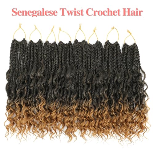 16 Inch Senegalese Twist Crochet Hair with Curly Ends - 8 Packs Boho Island Twist Crochet Hair Pre Looped Goddess Crochet Twist Hair for Black Women Braids Hair Extensions 1B/27