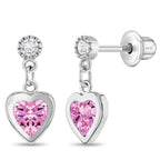 In Season Jewelry CZ Dangle Heart Kids Earrings - 925 Sterling Silver Hypoallergenic Earrings for Girls with Secure Screw Backs - Safe & Comfortable for Toddlers, Kids & Little Girls, Pink
