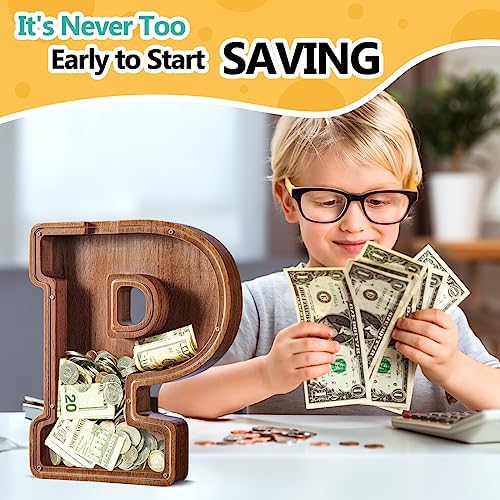 Summidate Customized Name Extra Large Wooden Piggy Bank for Kids Boys Girls Alphabets Letter A-Z Coins Bills Money Change Saving Box Clear Cover (Laser Engraved) Educational Toys 12"- Letter P