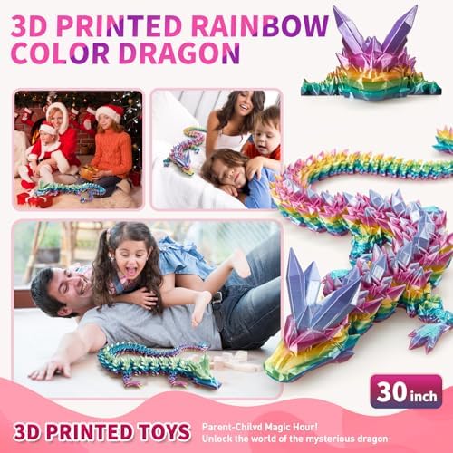 Large 3D Printed Dragon,30 Inch 3D Dragon Toys,Bigger Fidget Crystal Animals Toys, 3D Printed Articulated Animals for Home Office Car Desk Decor（Rainbow