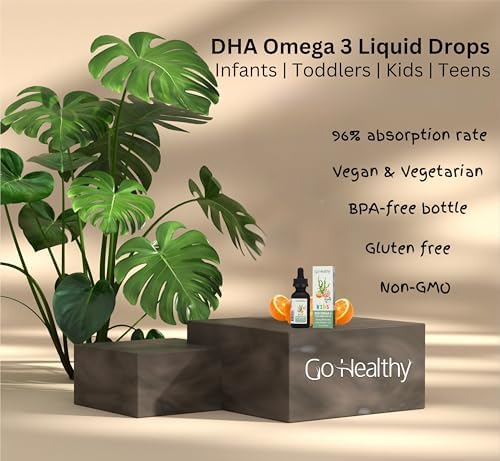 Go Healthy DHA Omega 3 Drops for Kids, Toddlers & Infants - Vegan Fish Oil Alternative - Supports Brain & Eye Development, Just 3 Ingredients, Organic Orange Flavor, 30-60 Servings