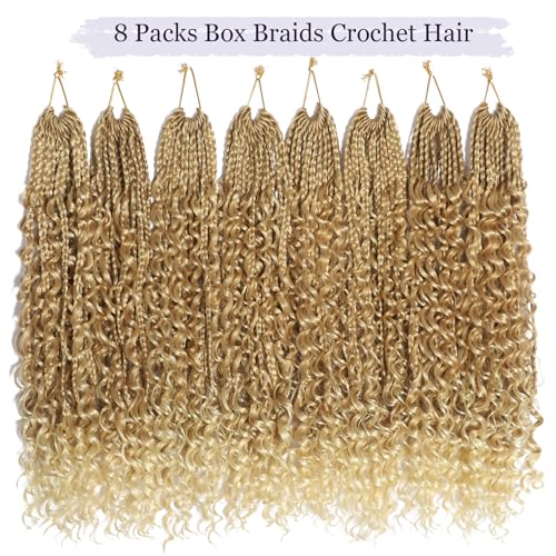 18 Inch Box Braids Crochet Hair Goddess Box Braids Crochet Hair 8 Packs Crochet Hair for Black Women Boho Crochet Braids Crochet Hair for Black Women Crochet Box Braids With Curly Ends（18 Inch,27/613）