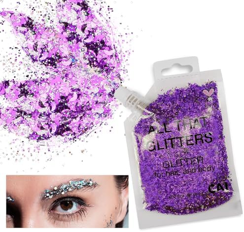 Body Glitter Gel- Face, Body & Hair (2 PK Silver/Violet) Chunky Iridescent Holograph Stars & Moon, 6 oz | Cosmetic-Grade Makeup, Apply Without Glue, Easy to Take Off & Keep Skin Clean - for Raves