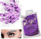 Body Glitter Gel- Face, Body & Hair (2 PK Silver/Violet) Chunky Iridescent Holograph Stars & Moon, 6 oz | Cosmetic-Grade Makeup, Apply Without Glue, Easy to Take Off & Keep Skin Clean - for Raves