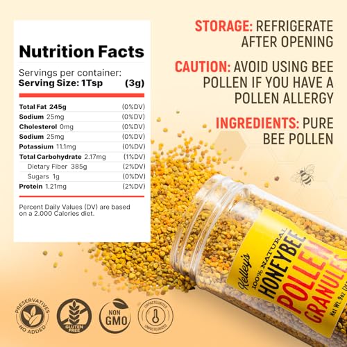 Kelley's Bee Pollen, 9 oz – 100% Raw Bee Pollen Granules, GO Texan Certified – Naturally Preserved Vitamins, Enzymes, Amino Acids & Protein – Gluten Free, Non-GMO, Paleo & Keto Friendly