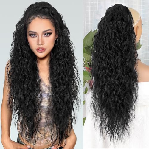 ALXNAN Claw Clip Ponytail,30 Inch Black Ponytail Extension for Women Synthetic Long Curly Wavy Clip in Ponytail Hair Extensions Synthetic Hairpiece for Daily Party Use