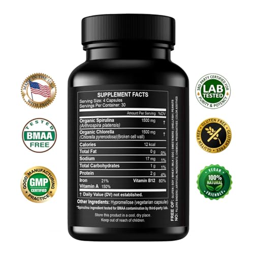 Chlorella Spirulina Powder Capsules 3000 mg of BMAA Free Purest Blue Green Algae - Best Natural Detox Raw Vegan Vitamins Protein Green Superfood - Made in USA