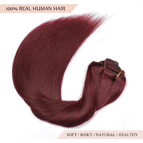 Sisily Clip in Hair Extensions Real Human Hair, 140g 7pcs Human Hair Clip in Hair Extensions Burgundy Red, Hair Extensions Real Human Hair Clip ins 16 Inch Straight Double Weft