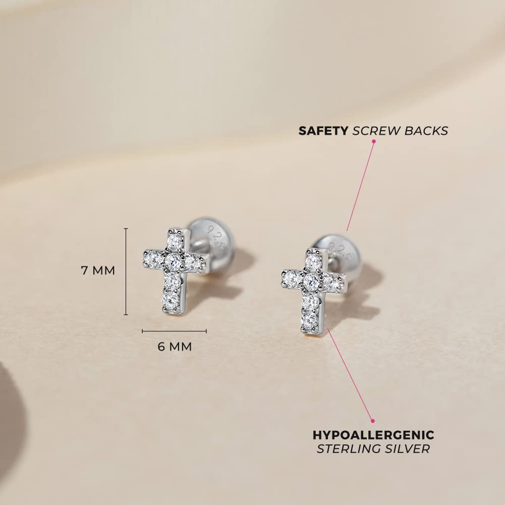 In Season Jewelry Sterling Silver Tiny CZ Cross Kids Earrings - Clear