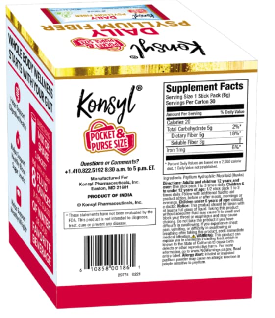 Konsyl Daily Psyllium Fiber Powder - Stick Packs - On-The-Go Fiber Supplement Powder - Convenient, All-Natural Soluble Fiber, Gluten-Free & Sugar-Free, Vegan & Keto - 30 Packets