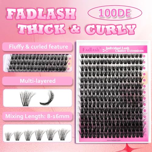 FADLASH Lash Extension Kit 100D Lash Clusters D Curl Lash Cluster Kit DIY Eyelash Extension Kit with Lash Bond and Seal Lash Applicator Tool 3D Effect fluffy Cluster Lashes(100D Kit, Mix 8-16mm)