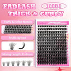 FADLASH Lash Extension Kit 100D Lash Clusters D Curl Lash Cluster Kit DIY Eyelash Extension Kit with Lash Bond and Seal Lash Applicator Tool 3D Effect fluffy Cluster Lashes(100D Kit, Mix 8-16mm)