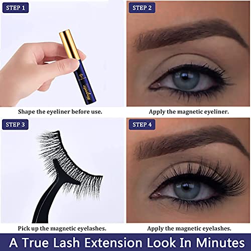Magnetic Eyelashes 3D Medium Magnetic Lashes with Upgraded 4 Tubes of Magnetic Eyeliner, Waterproof,Natural Look,Long Lasting, Easy Reusable Fake Eyelashes 10 Pairs