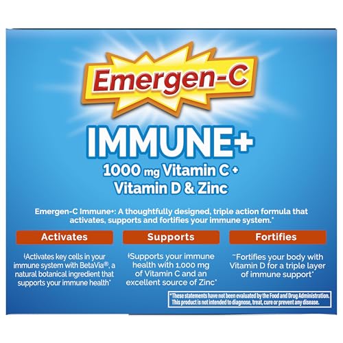 Emergen-C Immune+ Triple Action Immune Support Powder, BetaVia (R), 1000mg Vitamin C, B Vitamins, Vitamin D and Antioxidants, Super Orange, Back to School Essentials – 50 Count