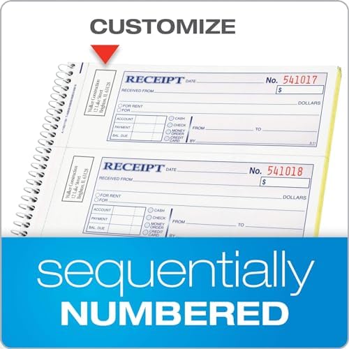Adams Money and Rent Receipt Book, 2-Part Carbonless, 7-5/8" x 11", Spiral Bound, 200 Sets per Book, 4 Receipts per Page (SC1182), White/Canary