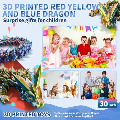 Large 3D Printed Dragon,30 Inch 3D Dragon Toys,Bigger Fidget Crystal Animals Toys, 3D Printed Articulated Animals for Home Office Car Desk Decor (Red Gold Blue, 30 inch)