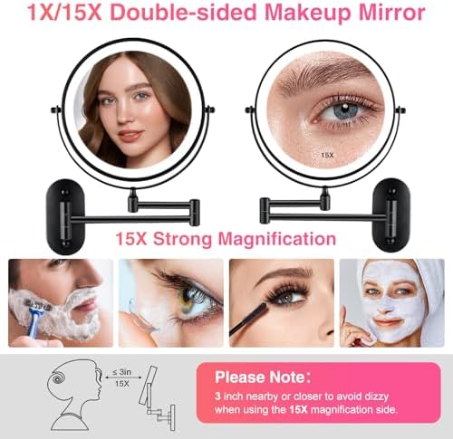 Magnifying Mirror with Lights 1x/15x Rechargeable: 8.5 inch Wall Mounted Lighted Makeup Mirror for Bathroom