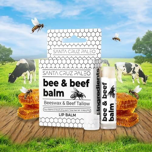 Santa Cruz Paleo Grass Fed Beef Tallow & Beeswax Lip Balm, 4 Pack, Beef Tallow for Skin Care Moisturizer, Lip Care for Dry Chapped Lips, Hypoallergenic for Sensitive Skin, Long Lasting & Vitamin Rich