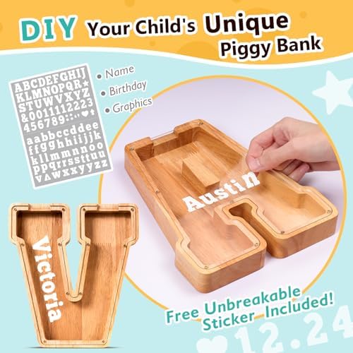 SummiDate Wooden Letter Piggy Bank| Piggy Bank for Boys Girls Toddler| Alphabet V Money Bank| Coin Bank Birthday Gift for Kids|Birthday Gift for Kids (V)
