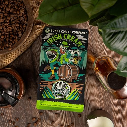 Bones Coffee Company Irish Cream Flavored Coffee Beans, Whole Bean Coffee Medium Roast Low Acid, Nutty Flavor (12 oz)
