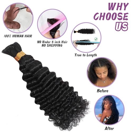 Human Braiding Hair For Boho Braids Deep Water Wave Bulk Human Hair for Braiding 12A Wet and Wavy Curly 100% Human Hair Extensions 3 Bundles 120g Natural Color 18inch