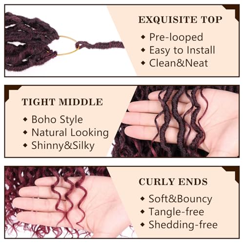 COOKOO Bohemian River Faux Locs Synthetic Braids Hair 18 Inch 8 Packs Burgundy Red Goddess Locs Hair with Curly Ends Ombre River Locs Crochet Braiding Hair for Women Boho Style Crochet Braids Tbug#
