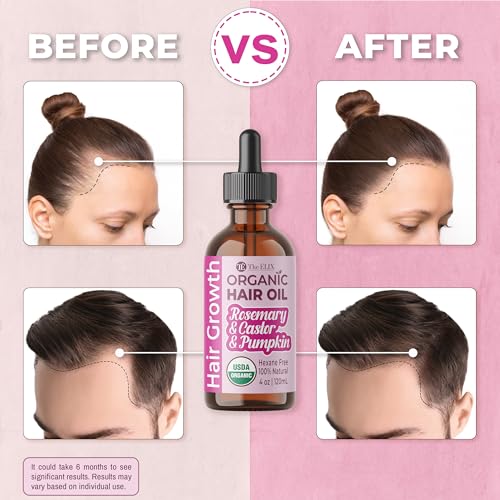 USDA Organic Rosemary Hair Oil for Hair Growth 4oz - Cold Pressed & Hexane Free Blend of Castor, Pumpkin Seed, Peppermint & Jojoba Oils - Thickening & Strengthening Hair Loss Treatment for Women & Men