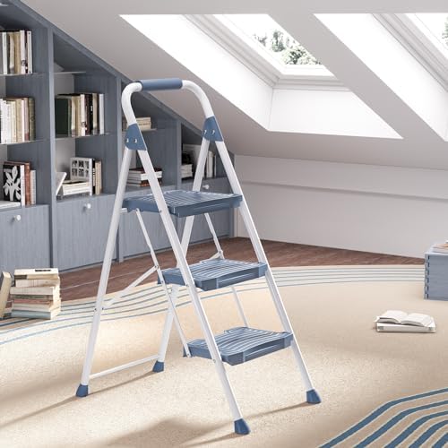 KINGRACK 3 Step Ladder, 900lbs Sturdy Step Stool with Handrail, Non-Skid Wide Pedals, Foldable 3 Stepladder with Safety Locking for Home, Garage, Garden, Office, Blue