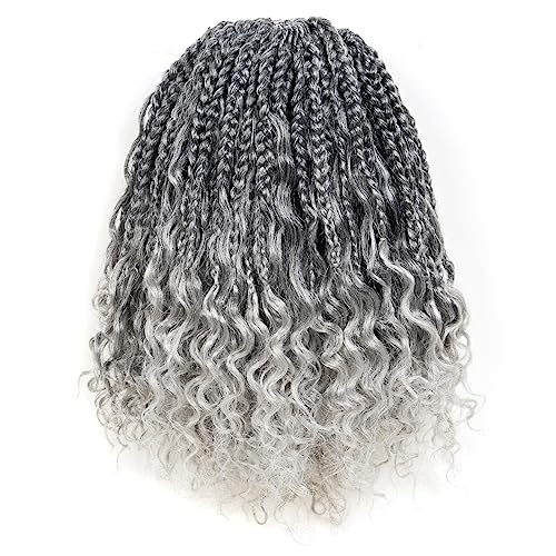 ToyoTress Boho Box Braids Crochet Hair - 16 Inch 8 Packs Ombre Gray Box Braids Crochet Hair Curly End Crochet Braids, Shouler Length Pre-looped Synthetic Braidsing Hair (16 Inch, T-Gray-8P)
