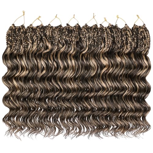 Leeven 14 Inch 8 Packs Short Curly Crochet Hair Pre Looped Boho Ocean Wave Crochet Hair Chocolate Brown Mix Honey Blonde Ocean Braids Pre Twisted Synthetic Deep Wavy Crochet Hair for Women