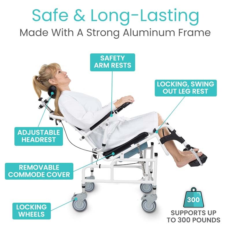 Vive Reclining Shower Chair with Wheels - Commode Wheelchair for Seniors, Disabled & Handicap - Padded Transfer Rolling Chairs w/Arms - Portable, Waterproof Shower Chair - Reclines for Easy Hair Wash