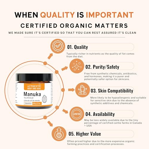 Organic Tallow Manuka Honey Cream for Sensitive Skin- Certified Grass-Fed Beef Tallow Skin Cream Helps Soothe the Effects of Eczema. Certified Grass-Fed by AGW, by Authentic Body And Soul