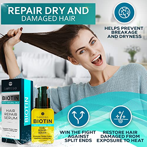 BELLISSO Biotin Hair Thickening Serum for Men and Women - Intense Strengthening Treatment Product with Natural Botanical Oil Blend to Help Boost Thin Hair - Repair Thinning Hair 2 Fl Oz (60ml)