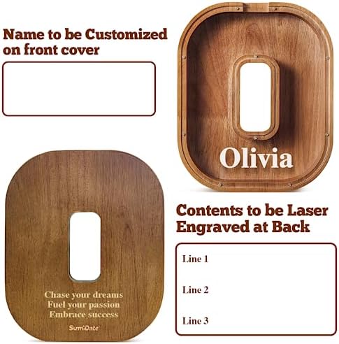 Summidate Customized Name Large Wooden Piggy Bank for Kids Boys Girls Alphabets Letter A-Z Coins Bills Money Change Bank Box Initial on Clear Cover (Laser Engraved) (Alphabet-O, Personalized-12)