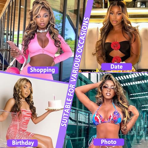 Honey Blonde Ombre Lace Front Wig Human Hair Highlight Body Wave 13X6 Lace Front Wigs Human Hair Pre Plucked HD Frontal 180 Density Glueless 4/27 Highlighted Human Hair Wig 30 Inch