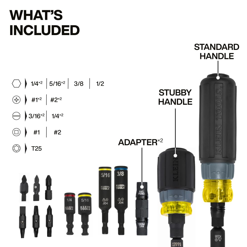 Klein Tools 80191 KNECT (S) Impact-Rated Multi-Bit Screwdriver Set, 11-in-1 and 7-in-1 Ratcheting Drivers with Phillips, Slotted, Square, Torx Tips, Nut Drivers, and Stubby