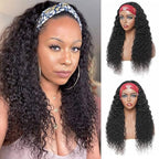 Deep Wave Headband Wig Human Hair 16 Inch Curly Headband Wigs for Black Women Human Hair Glueless None Lace Front Wigs Brazilian Virgin Hair Wig Machine Made 150% Density Natural Black Color