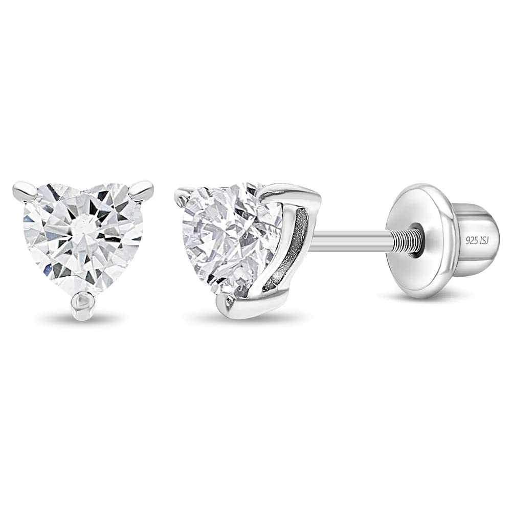 In Season Jewelry CZ Birthstone Heart Kids Earrings - 925 Sterling Silver Hypoallergenic Earrings for Girls with Safety Screw Backs - Safe & Comfortable for Toddlers, Kids & Little Girls - Clear