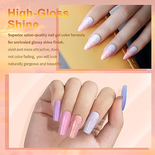 RARJSM Pearl Gel Nail Polish Set Iridescent Shell Glitter Gel Polish 6 Sunset Colors Light Purple Blue Pink Red Gold Shimmer Mermaid Swirl Thread Effect Soak Off LED UV Curing Requires Home Salon