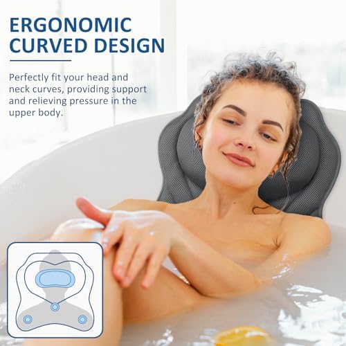 LuxStep Bath Pillow-Bathtub Pillow with Air Mesh Fabric & 6 Non-Slip Suction Cups, Bath Pillows for Tub Head, Neck and Back Support, Bath Accessories Spa Gifts, Grey