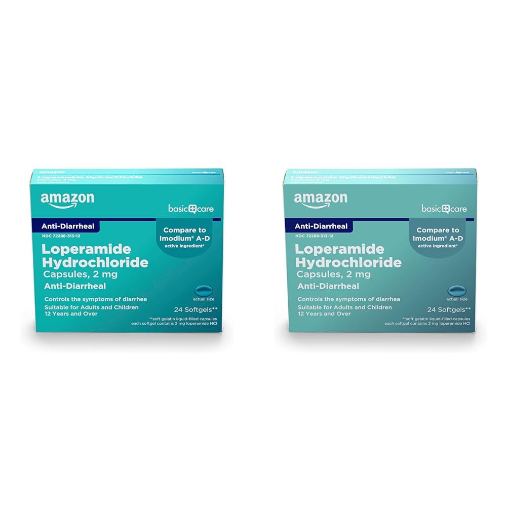 Amazon Basic Care Loperamide Hcl 2 Mg Softgels, Anti-Diarrheal, Easy to Swallow, Controls Symptoms of Traveler's Diarrhea, 24 Count (Pack of 2)
