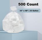 LUTREVA 33 Gallon Clear Trash Can Liners, 33'' x 40'', 500 Count High Density Garbage Bags for Home, Outdoor, Hotels, Recycling, Commercial, and Industrial Use