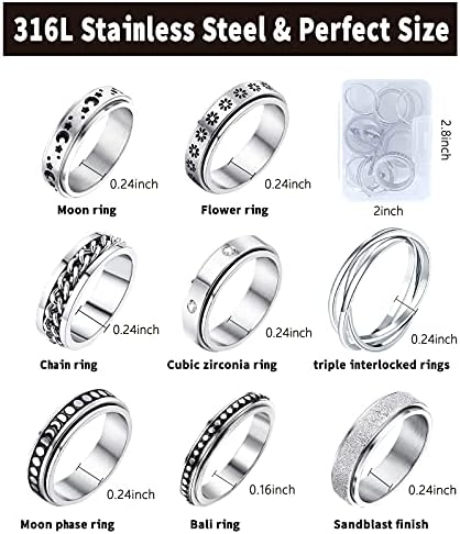 MUCAL Fidget Rings for Anxiety 8pcs Stainless Steel Spinner Ring Anti Anxiety Ring Spinning Moon Star Cool Stress Relieveing Rings for Women Men
