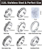 MUCAL Fidget Rings for Anxiety 8pcs Stainless Steel Spinner Ring Anti Anxiety Ring Spinning Moon Star Cool Stress Relieveing Rings for Women Men